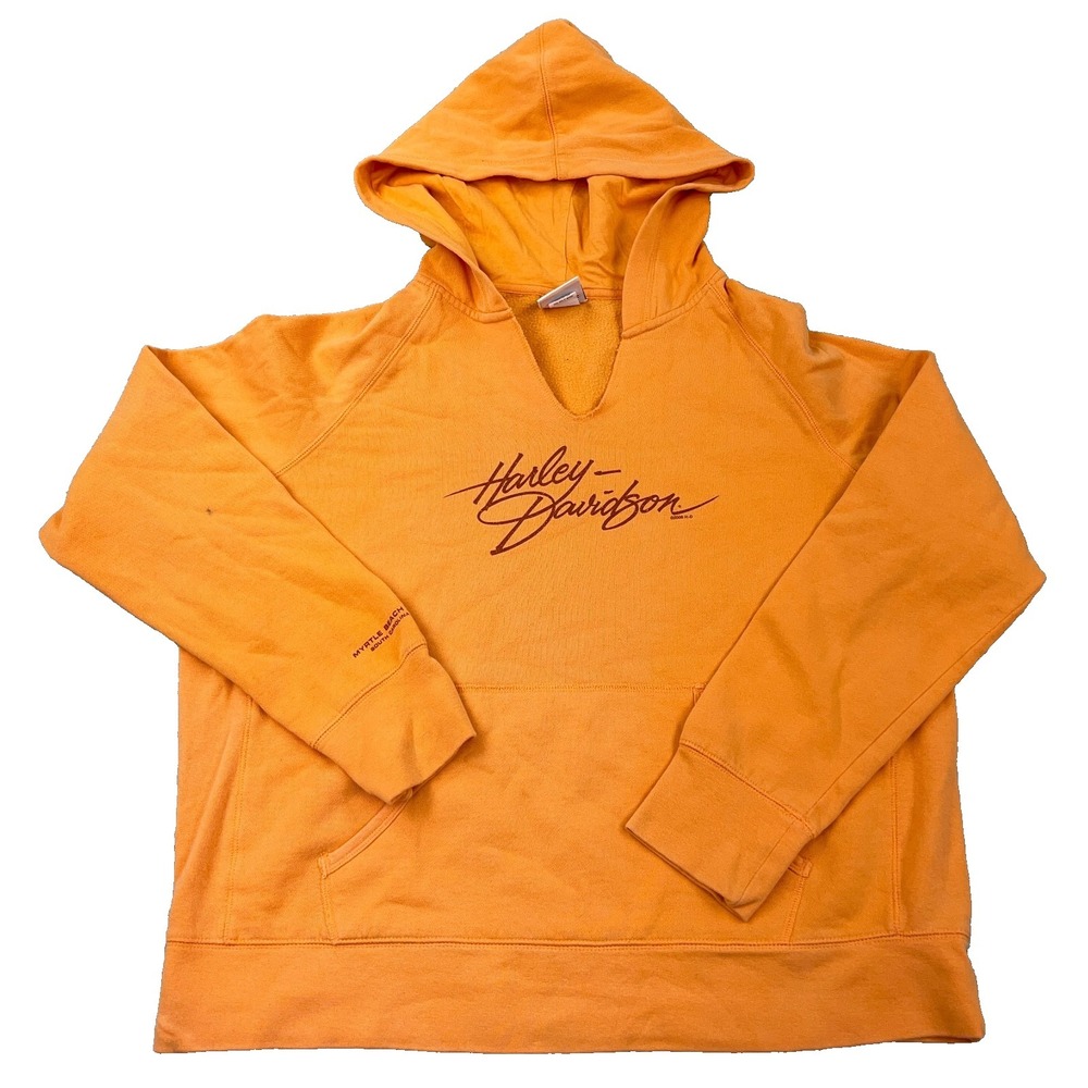 Vintage Y2K Harley Davidson Hoodie Women Large Orange Pullover Sweatshirt V Neck